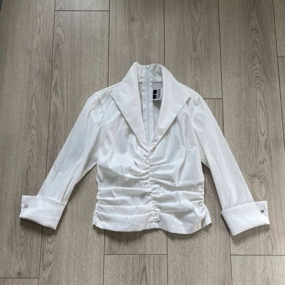 Tadashi Ruched Zip Back Collared Pin Tuck Top Women's White Cuff Sleeves Solid - Picture 2 of 7
